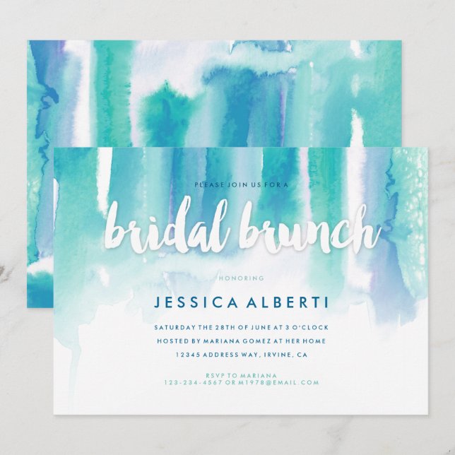 Invitation Turquoise Bleu Aquarelle Laver Bridal Brunch Invit (Devant / Derrière)