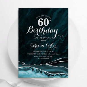 Invitation Turquoise Bleu Argent Agate Marbre 60e anniversair