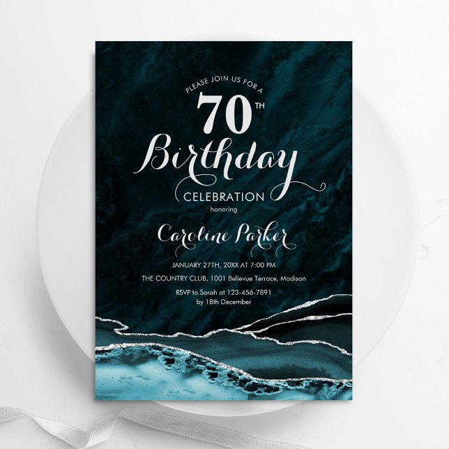 Invitation Turquoise Bleu Argent Agate Marbre 70e anniversair (Créateur téléchargé)