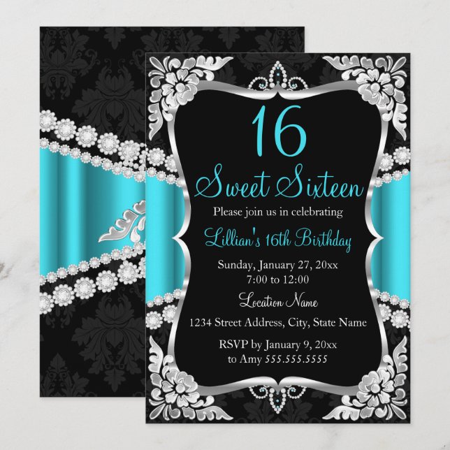 Invitation Turquoise Bleu Argent Noir Couronne Swe (Devant / Derrière)