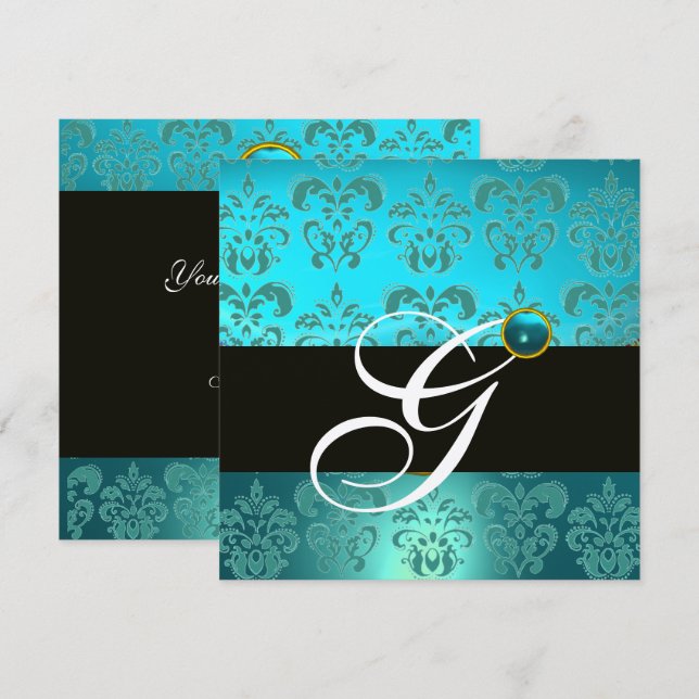 INVITATION TURQUOISE BLEU ARGENT NOIR DAMAS MONOGRAMME (Devant / Derrière)