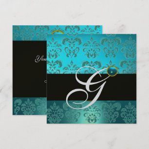 INVITATION TURQUOISE BLEU ARGENT NOIR DAMASSÉ MONOGRAMME