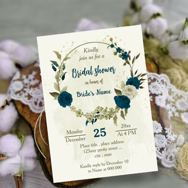 Invitation turquoise bleu beige fleurs botanique douche de nu (Créateur téléchargé)