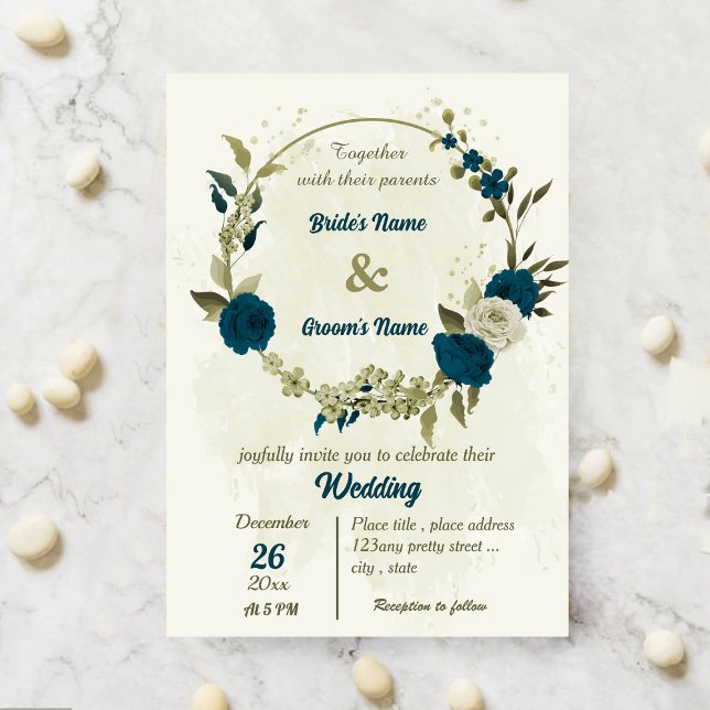 Invitation turquoise bleu beige fleurs mariage botanique (Créateur téléchargé)