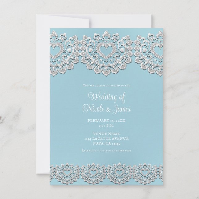 Invitation Turquoise Bleu Blanc Dentelle Cœur Mariage (Devant)