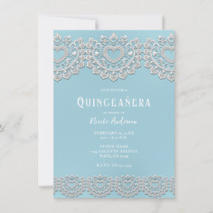 Invitation Turquoise Bleu Blanc Dentelle Cœur Quinceañera Fêt