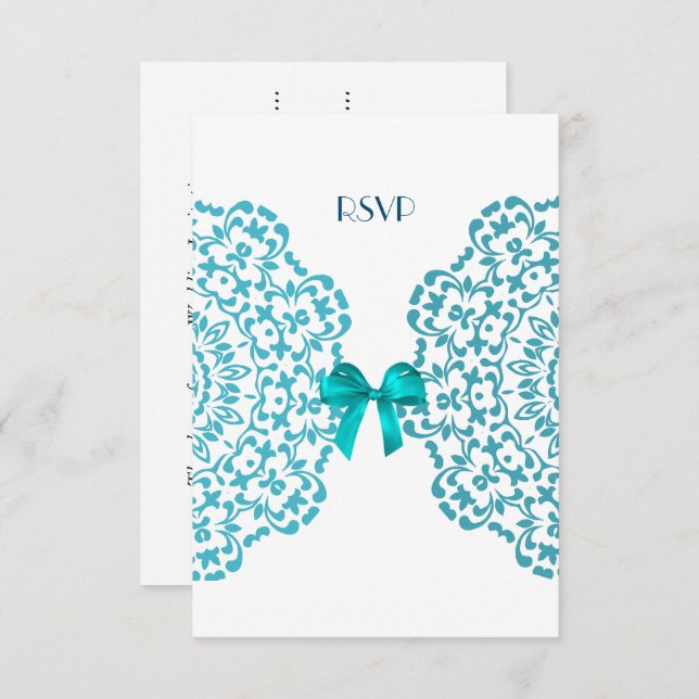 Invitation Turquoise Bleu Blanc Élégant Mariage en dentelle C (Devant / Derrière)