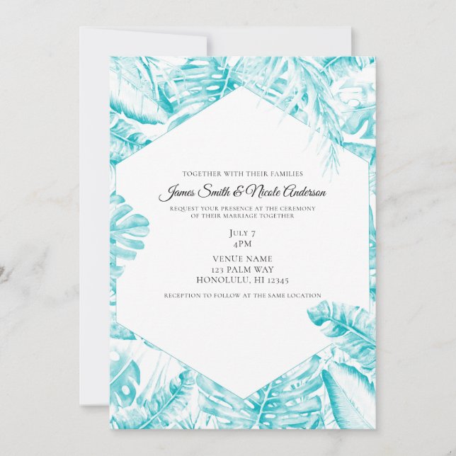 Invitation Turquoise Bleu Blanc Feuilles de Palmier Tropical  (Devant)