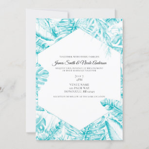 Invitation Turquoise Bleu Blanc Feuilles de Palmiers Tropicau