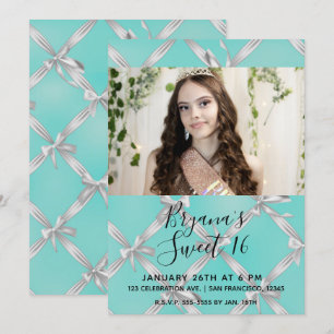Invitation Turquoise Bleu & Blanc Nœuds Douce Fête de 16 ans