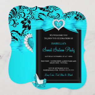 Invitation Turquoise Bleu Coeur Doux 16 Anniversaire Fête tal