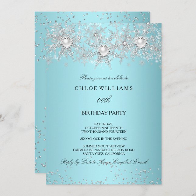 Invitation Turquoise bleu cristal Pearl Flocon de neige hiver (Devant / Derrière)