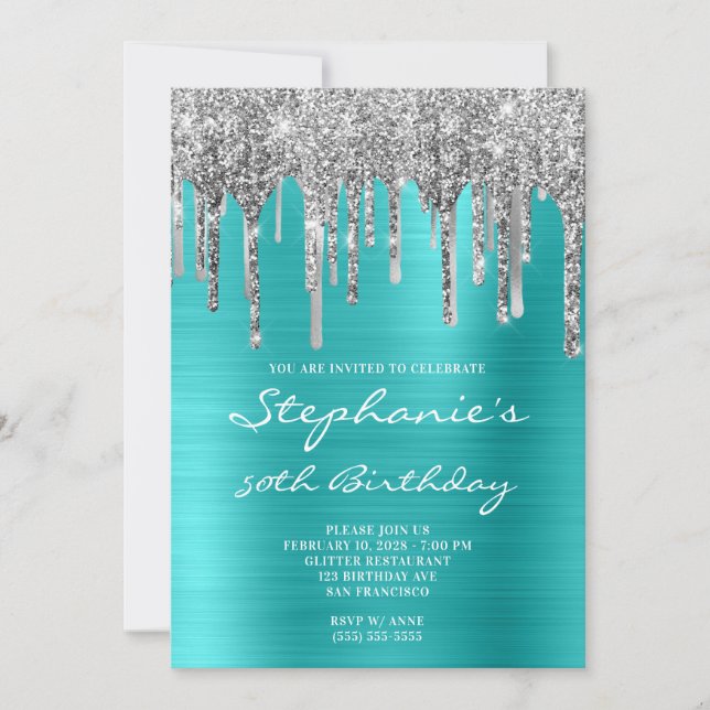 Invitation Turquoise Bleu et Gouttes d'Argent pour 50e Annive (Devant)