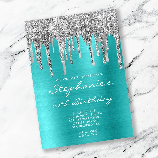 Invitation Turquoise Bleu et Gouttes d'Argent pour les 60 ans (Créateur téléchargé)