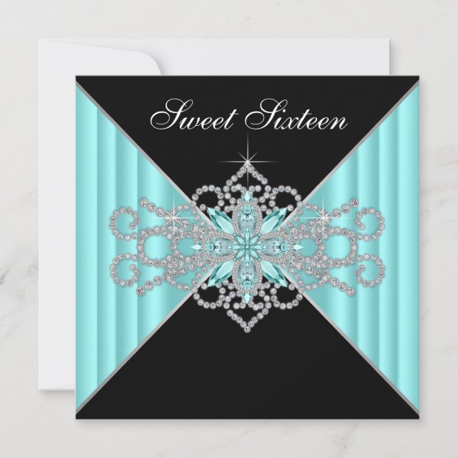 Invitation Turquoise Bleu et Noir Diamant Anniversaire des 16 (Devant)