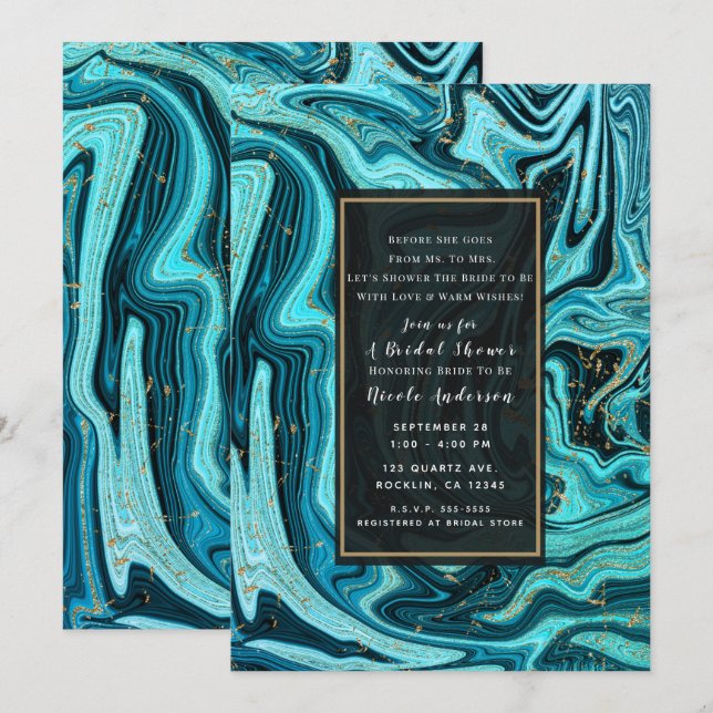 Invitation Turquoise Bleu et Or Chic Tourbillon Mariage Moder (Devant / Derrière)