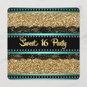Invitation Turquoise Bleu et Or Sweet 16 Anniversaire