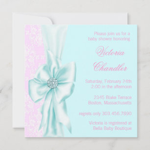 Invitation Turquoise bleu et rose Damask bébé fille douche