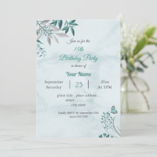 Invitation turquoise bleu feuille fête d'anniversaire botaniq