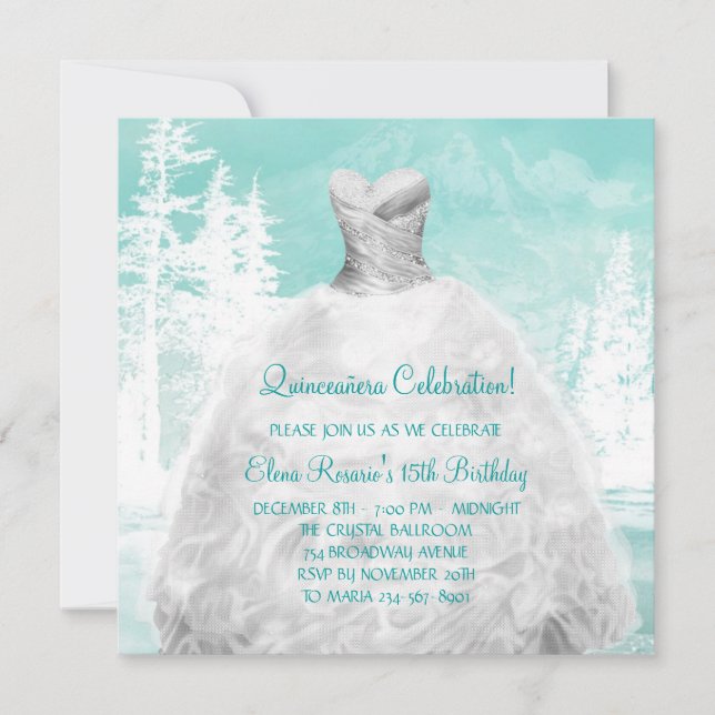 Invitation Turquoise bleu flocons de neige Quinceanera (Devant)