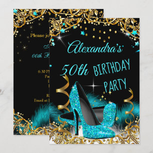 Invitation Turquoise Bleu Haut talons Or Étincelle Anniversai