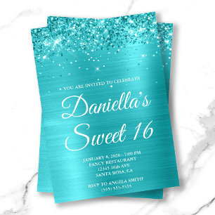 Invitation Turquoise Bleu Métallisé Pailleté Sweet 16