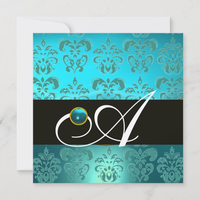 INVITATION TURQUOISE BLEU NOIR CHAMPAGNE DAMAS MONOGRAMME (Devant)