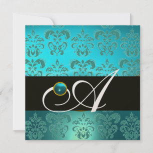 INVITATION TURQUOISE BLEU NOIR CHAMPAGNE DAMAS MONOGRAMME