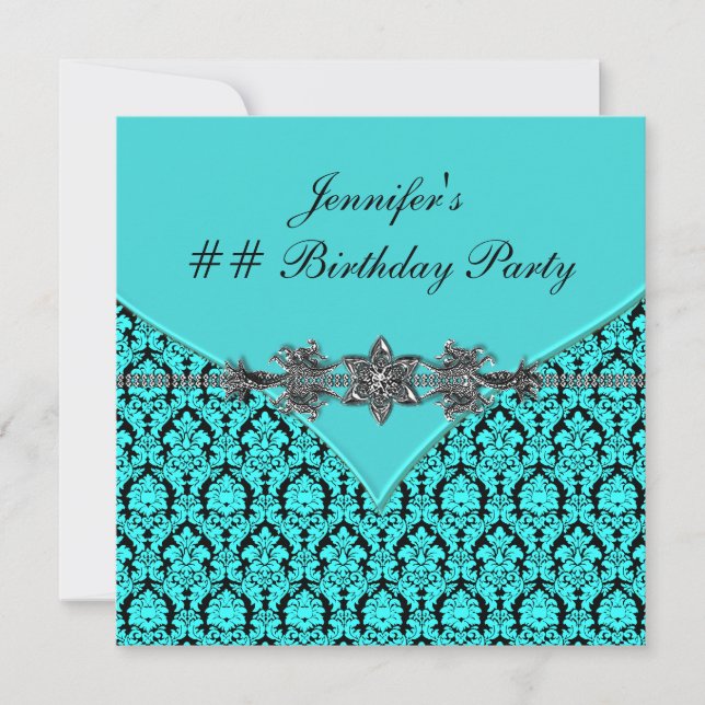 Invitation Turquoise Bleu Noir Damas fête d'anniversaire (Devant)