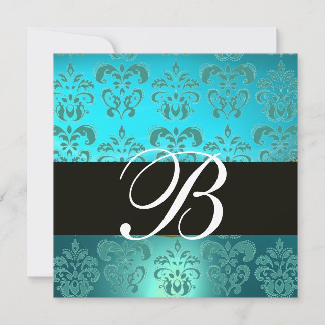 Invitation TURQUOISE BLEU NOIR  DAMAS MONOGRAMME , aigue-mari (Devant)