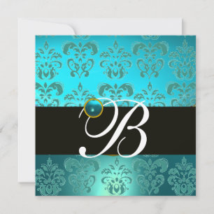 Invitation TURQUOISE BLEU NOIR DAMAS MONOGRAMME , aigue-marin