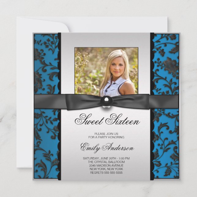Invitation Turquoise Bleu Noir Damas Photo Sweet 16 Party (Devant)