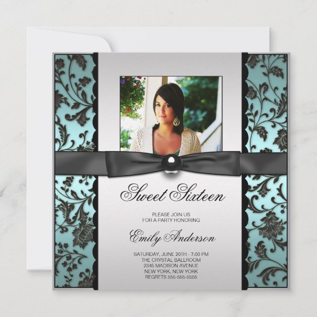 Invitation Turquoise Bleu Noir Damas Photo Sweet 16 Party (Devant)