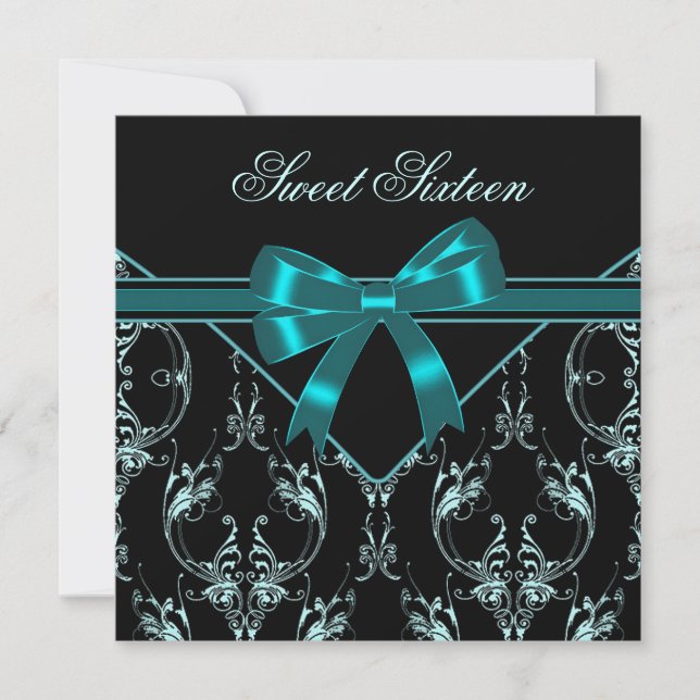 Invitation Turquoise Bleu Noir Damas Sweet 16 Party (Devant)