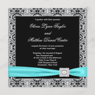 Invitation Turquoise Bleu Noir Dentelle Argent Classic Mariag