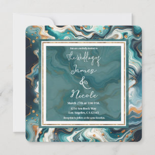 Invitation Turquoise Bleu Or Blanc Marbre moderne Agate Maria