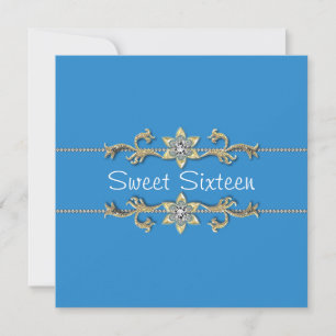 Invitation Turquoise Bleu Or Diamant Sweet Sixteen