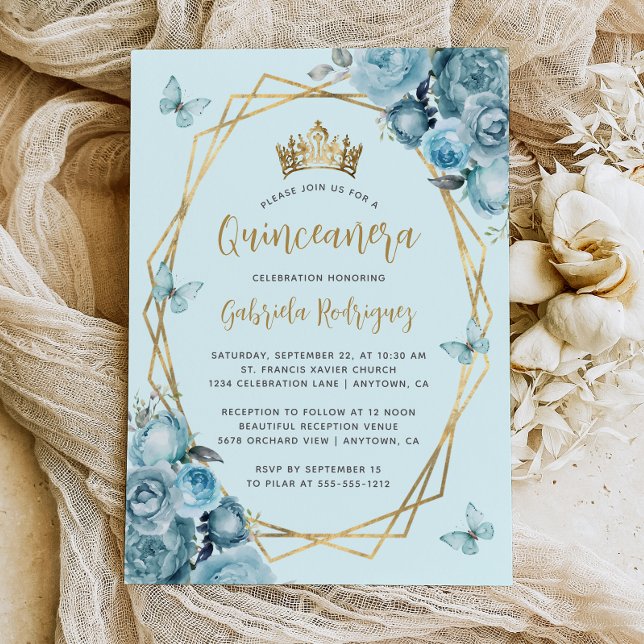 Invitation Turquoise Bleu Or Géométrique Floral Quinceañera (Créateur téléchargé)