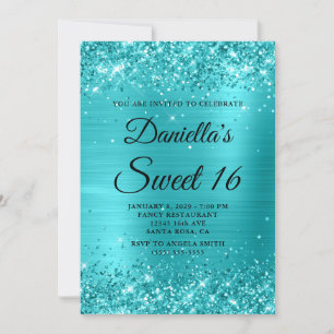 Invitation Turquoise Bleu Pailleté Anniversaire 16 Ans