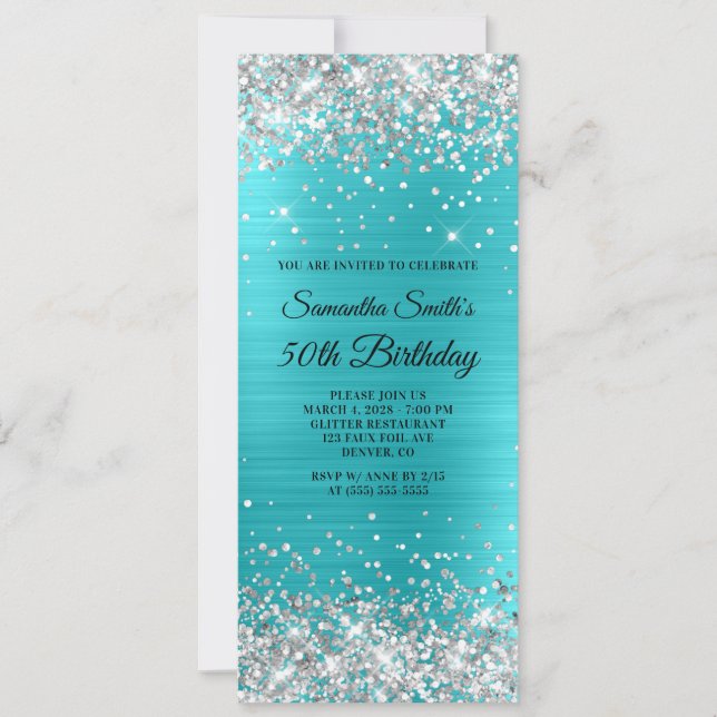 Invitation Turquoise Bleu Pailleté Argent 50e Anniversaire (Devant)
