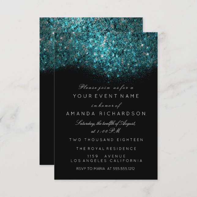 Invitation Turquoise Bleu Pailleté Glitter Noir Blanc Evéneme (Devant / Derrière)