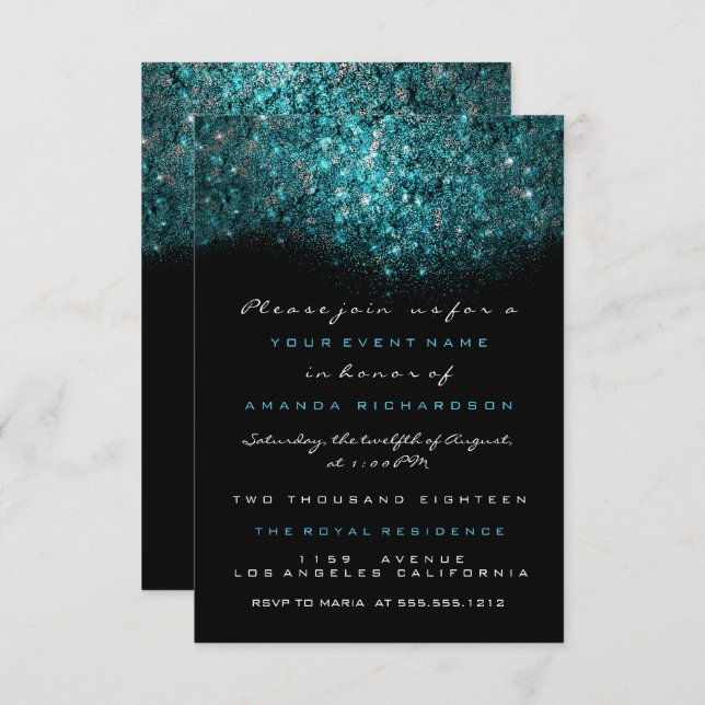 Invitation Turquoise Bleu Pailleté Glitter Noir Blanc Officia (Devant / Derrière)