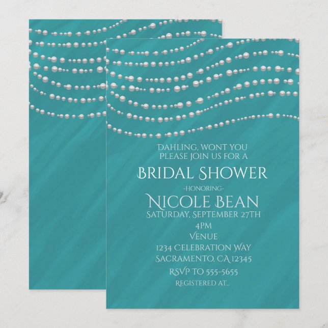 Invitation Turquoise Bleu & Perles Élégant Shower de Mariée (Devant / Derrière)