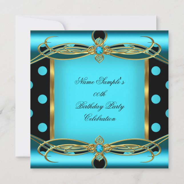 Invitation Turquoise Bleu Pois Gold Noir fête d'anniversaire (Devant)