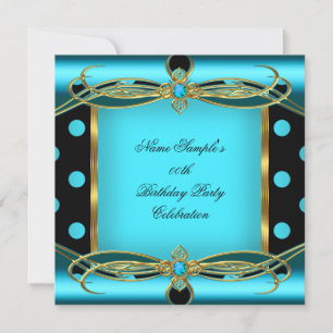 Invitation Turquoise Bleu Pois Gold Noir fête d'anniversaire