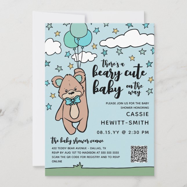 Invitation Turquoise Bleu QR Code Beary Cute Boy Baby shower (Devant)