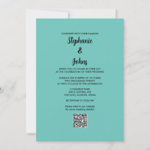 Invitation Turquoise bleu QR Code noir Script simple Mariage