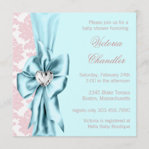 Invitation Turquoise bleu rose Damask Bow Elegant Baby Girl D