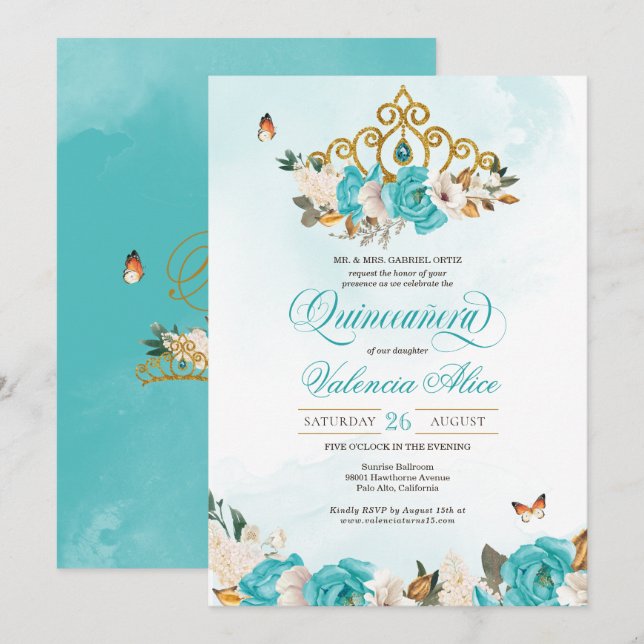 Invitation Turquoise Bleu Rose Gold Tiara Butterfly Quince (Devant / Derrière)