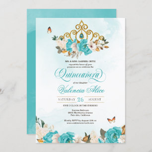Invitation Turquoise Bleu Rose Gold Tiara Butterfly Quince